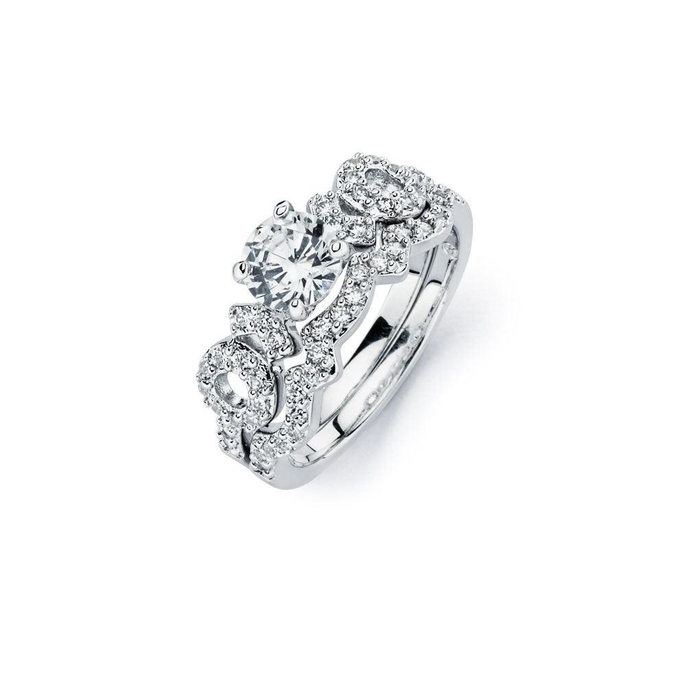 Sterling Silver 925 Rhodium Plated Clear CZ Bridal Engagement Ring Set Sizes 5-9