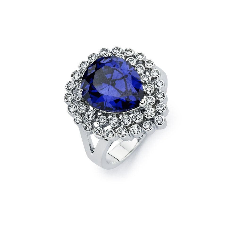Rhodium Plated Sterling Silver 925 Blue & Clear Cluster CZ Ring Band Sizes 5-9