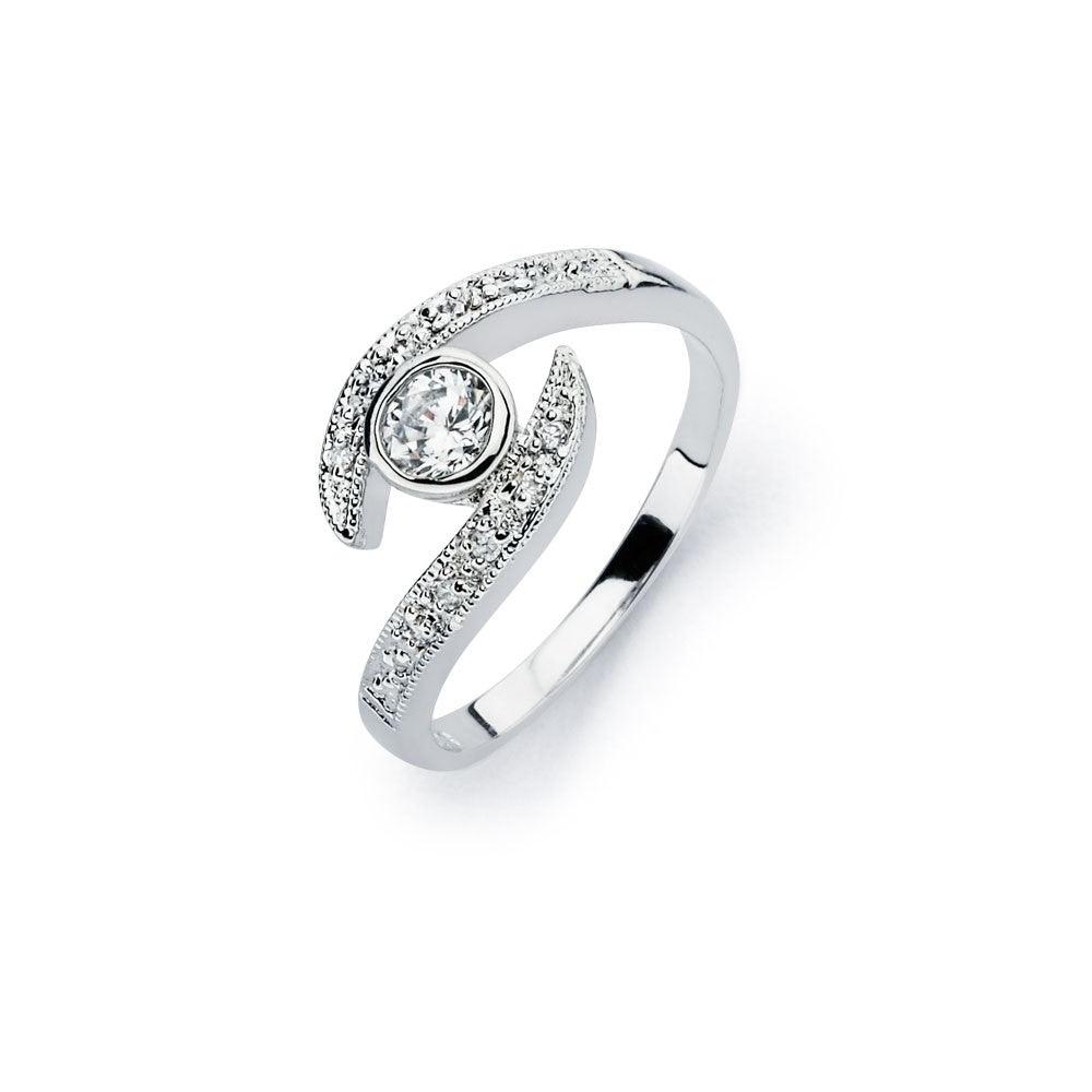 Sterling Silver 925 Rhodium Plated Clear Round Bezel Wave CZ Fun Ring Sizes 5-9