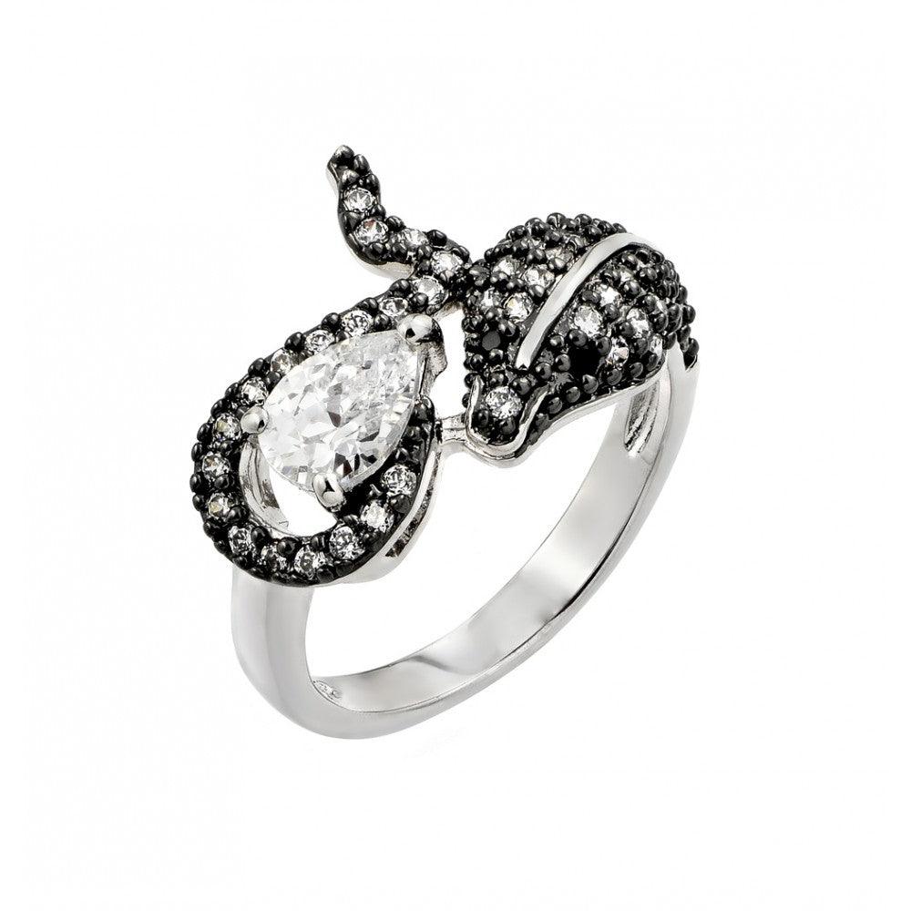Sterling Silver 925 Black Rhodium Plated Clear & Black CZ Snake Ring Sizes 5-9