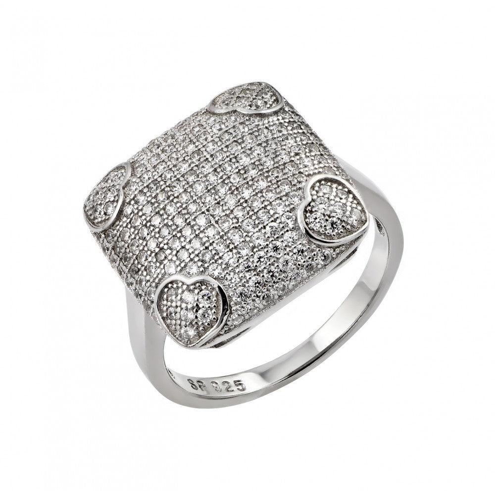 Sterling Silver 925 Rhodium Plated Clear CZ Heart Square Ring Band Sizes 5-9