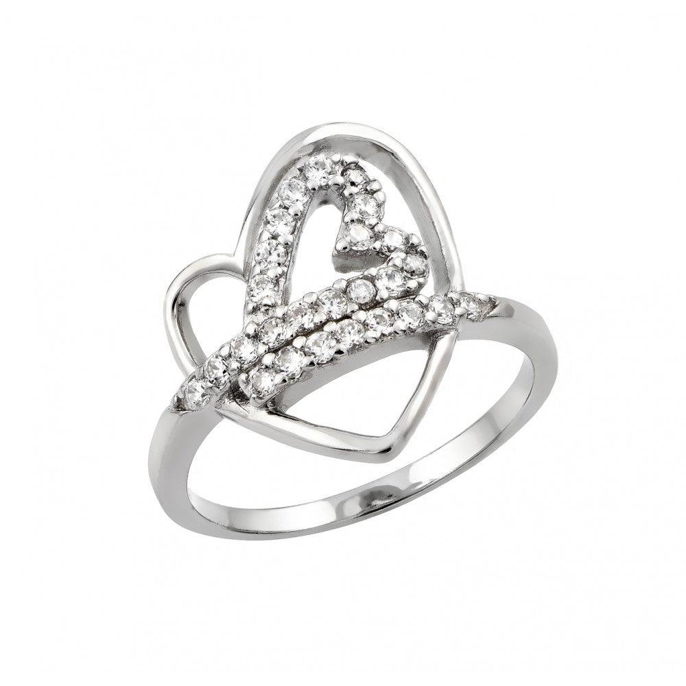 Sterling Silver 925 Rhodium Plated Clear CZ Inlay Open Heart Ring Band Sizes 5-9