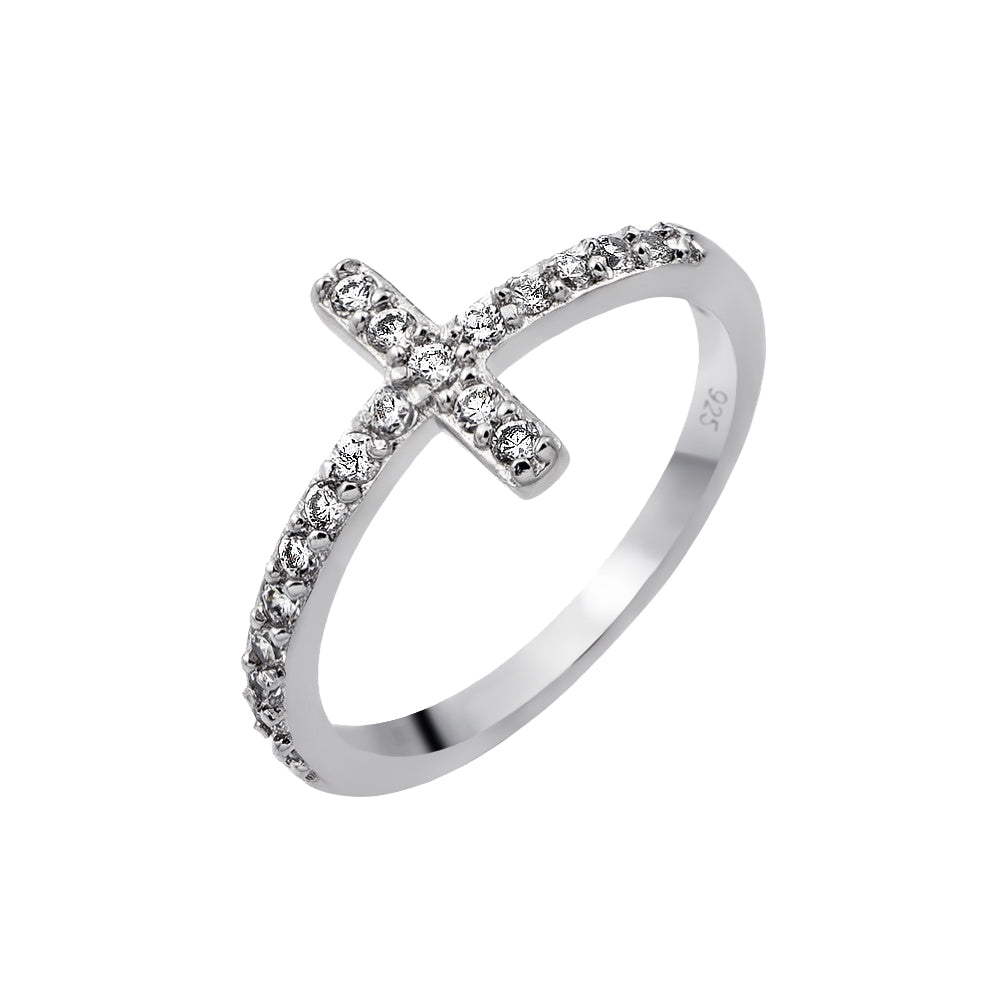 Rhodium Plated Sterling Silver 925 Clear CZ Cross Ring Faith Band Sizes 5-9