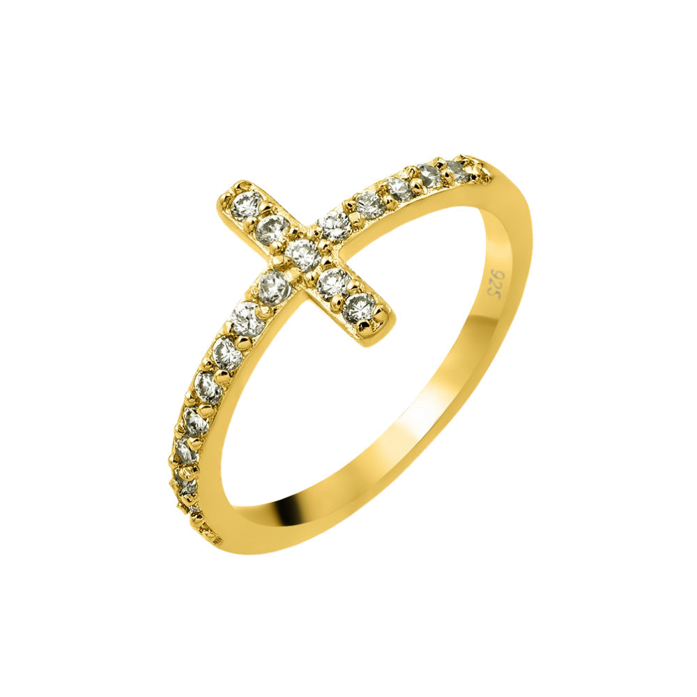 Gold Plated Sterling Silver 925 Clear Inlay CZ Cross Ring Band Sizes 5-9