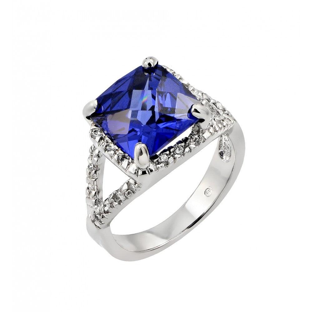 Rhodium Plated Sterling Silver 925 Blue Princess Cut Clear CZ Ring Sizes 5-9