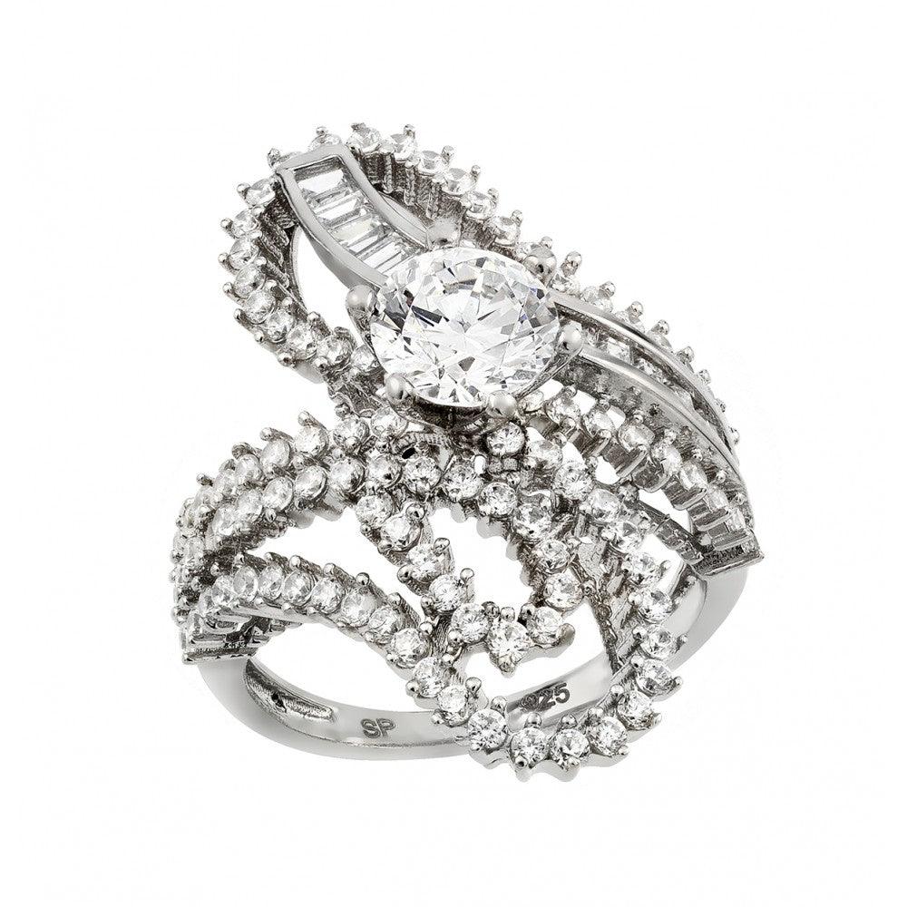 Sterling Silver 925 Rhodium Plated Clear Baguette Round Center CZ Ring Sizes 5-9