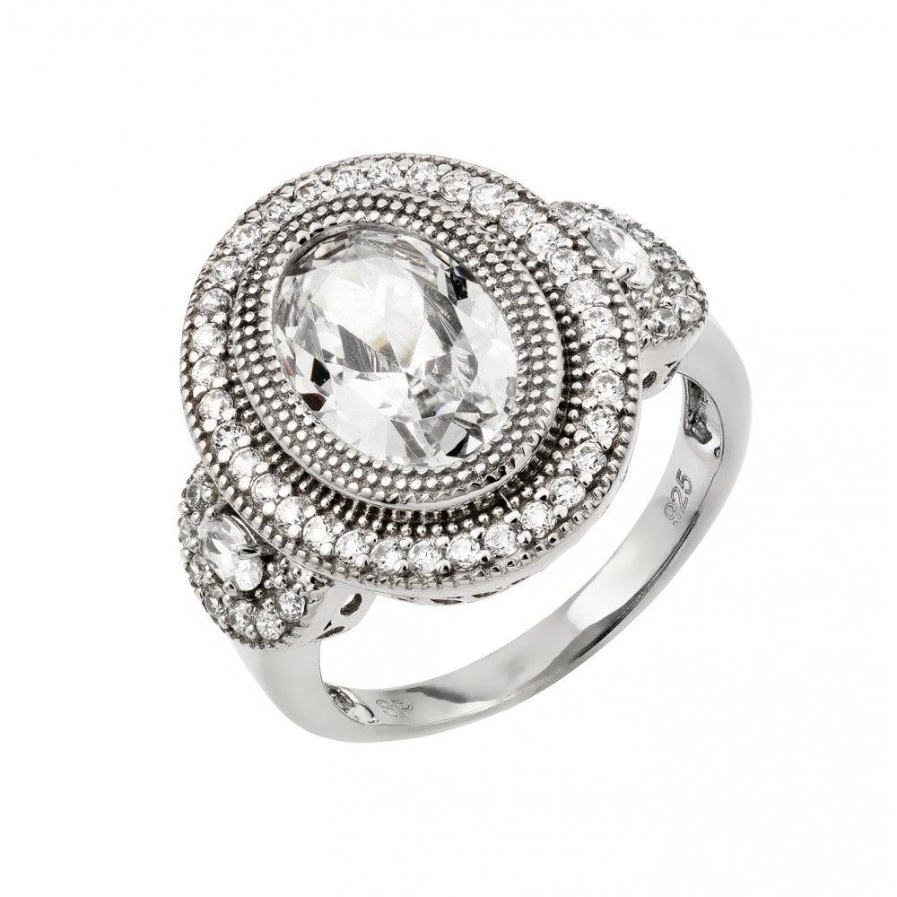 Rhodium Plated Sterling Silver 925 Micro Pave Set CZ Antique Oval Ring Sizes 5-9