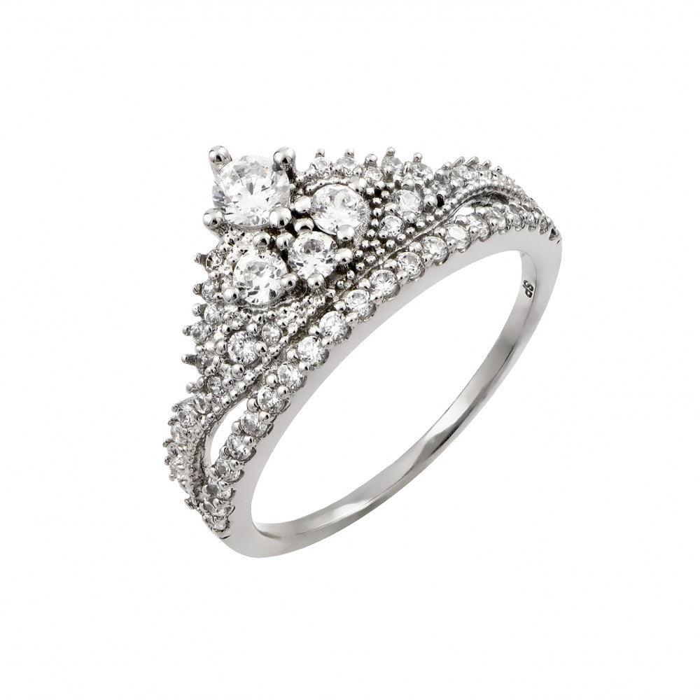 Rhodium Plated Sterling Silver 925 Clear Round Pave Set CZ Tiara Ring Sizes 5-9