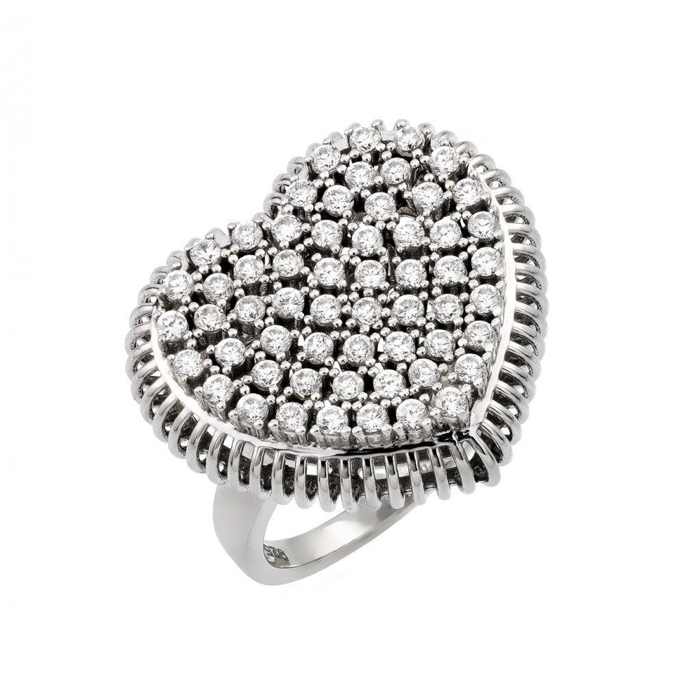 Rhodium Plated Sterling Silver 925 Pave Set Clear CZ Heart Ring Band Sizes 5-9