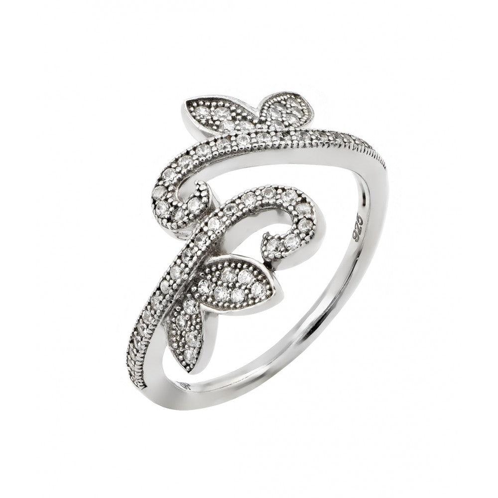 Rhodium Plated Sterling Silver 925 Pave Set Clear CZ Leaf Vine Ring Sizes 5-9