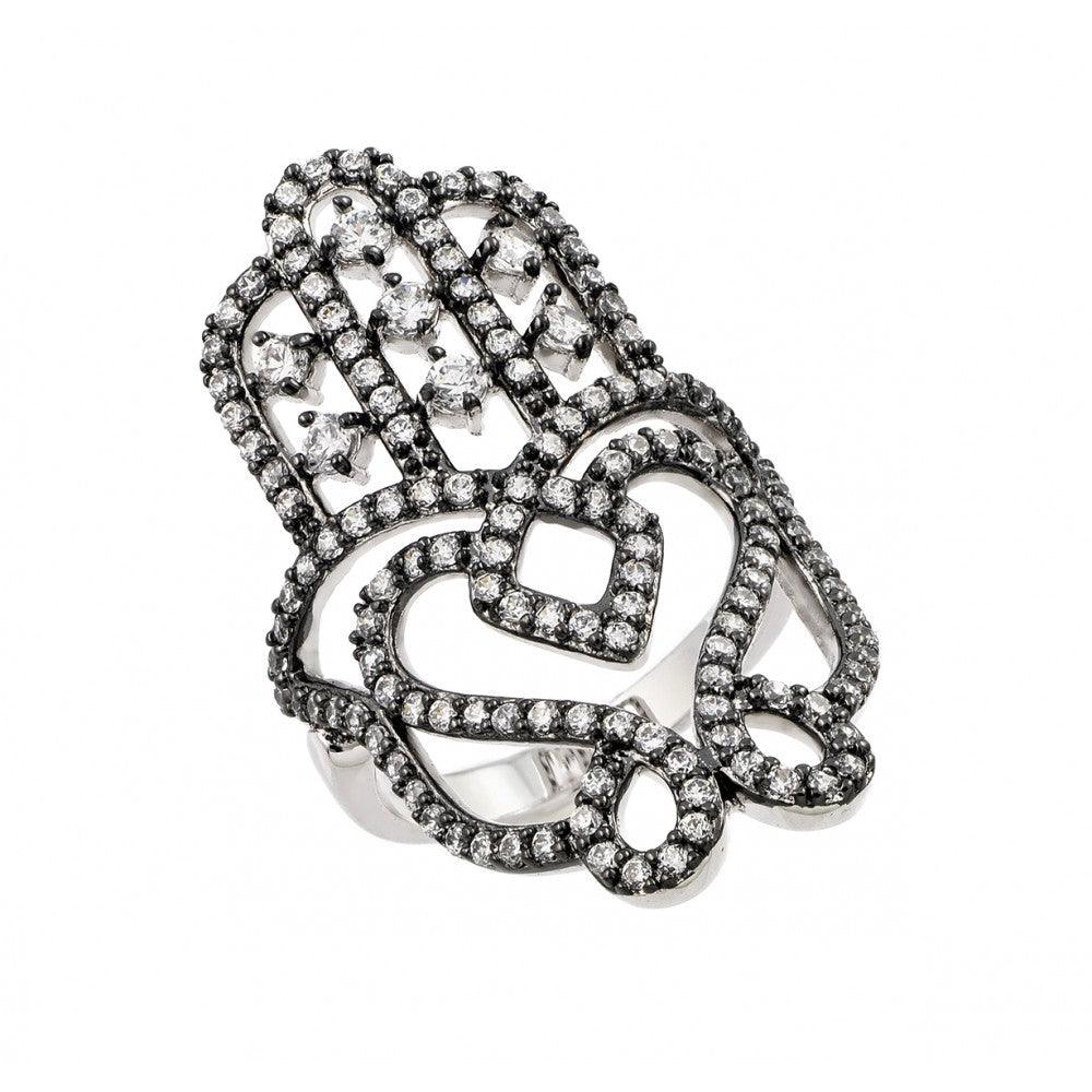 Rhodium Plated Sterling Silver 925 Oxidized Clear CZ Hamsa Hand Ring Sizes 5-9