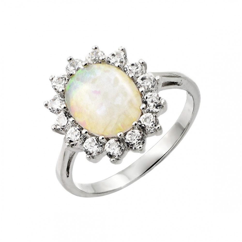 Rhodium Plated Sterling Silver 925 White Synthetic Opal CZ Sun Ring Sizes 5-9
