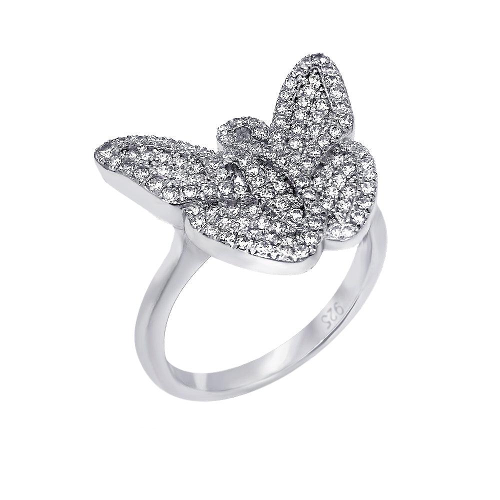 Rhodium Plated Sterling Silver 925 Micro Pave Clear CZ Butterfly Ring Sizes 5-9