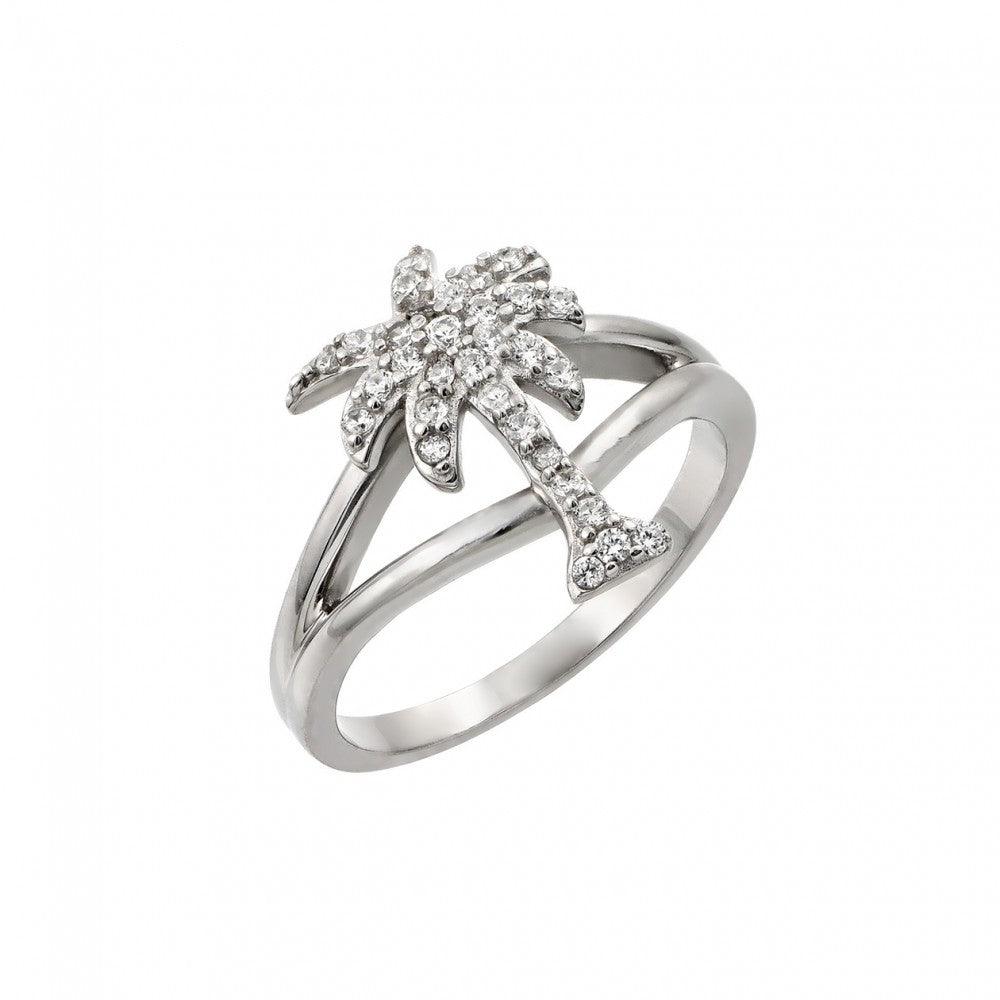 Rhodium Plated Sterling Silver 925 Clear CZ Palm Tree Ring Band Sizes 5-9