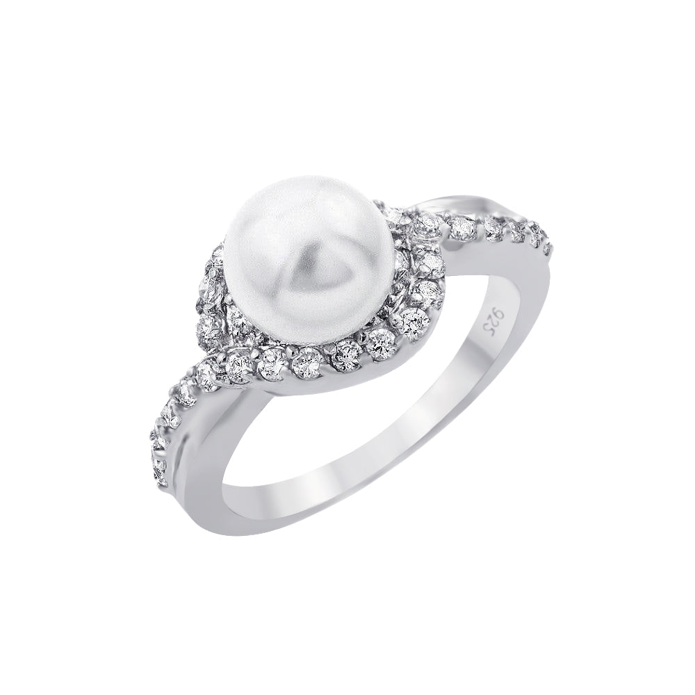 Sterling Silver 925 Rhodium Plated Clear Halo CZ Simulated Pearl Ring Sizes 5-9