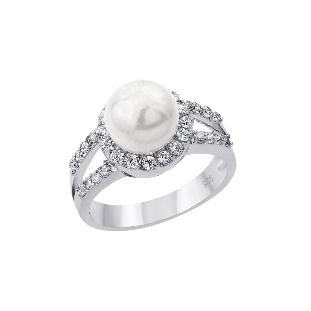 Sterling Silver 925 Rhodium Plated Clear Halo CZ Simulated Pearl Ring Sizes 5-9