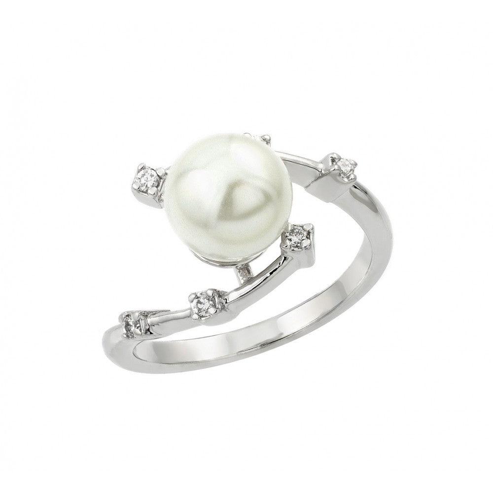 Sterling Silver 925 Rhodium Plated Clear CZ Simulated Pearl Curve Ring Sizes 5-9