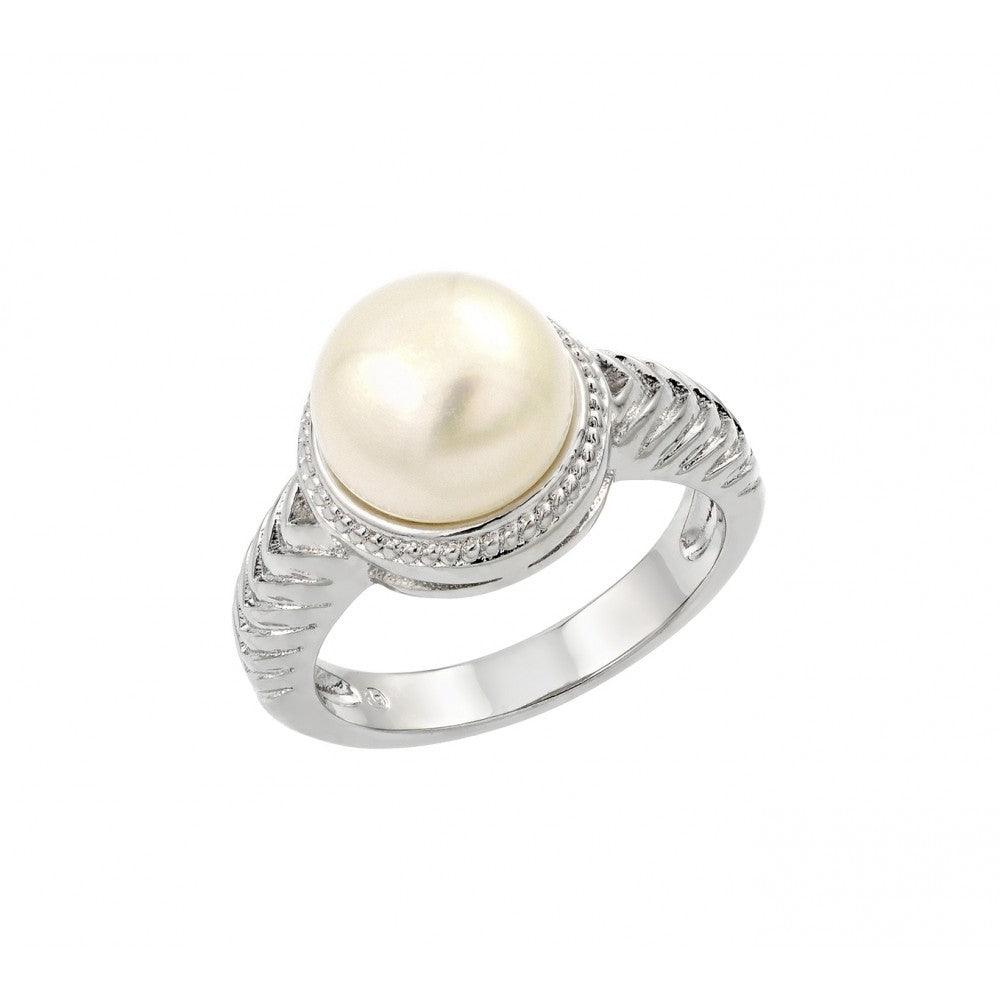 Rhodium Plated Sterling Silver 925 Simulated Pearl Center Rope Ring Sizes 5-9