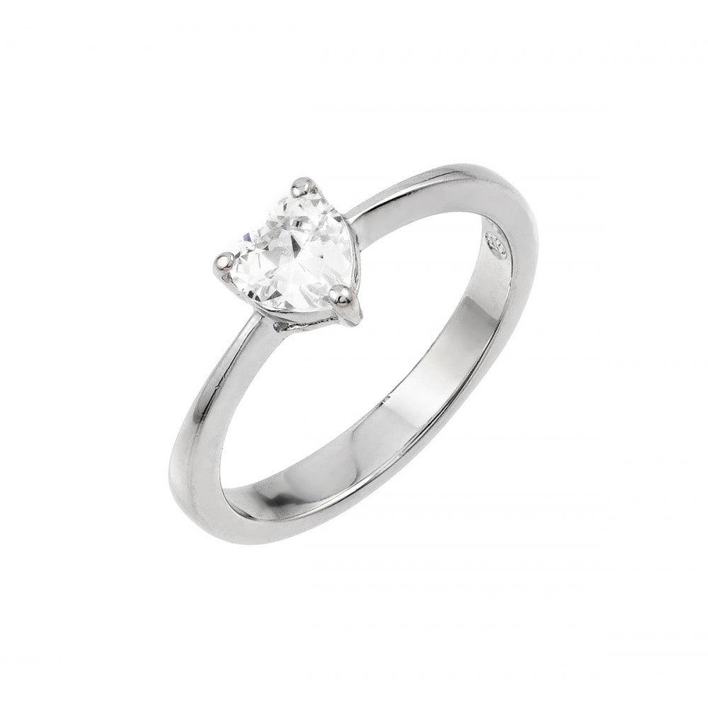 Rhodium Plated Sterling Silver 925 Clear CZ Solitaire Heart Ring Band Sizes 5-9