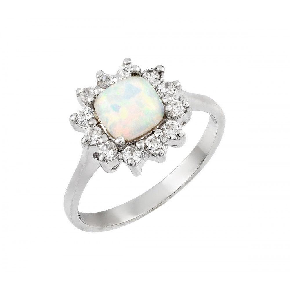 Rhodium Plated Sterling Silver 925 Synthetic Opal Clear CZ Flower Ring Sizes 5-9