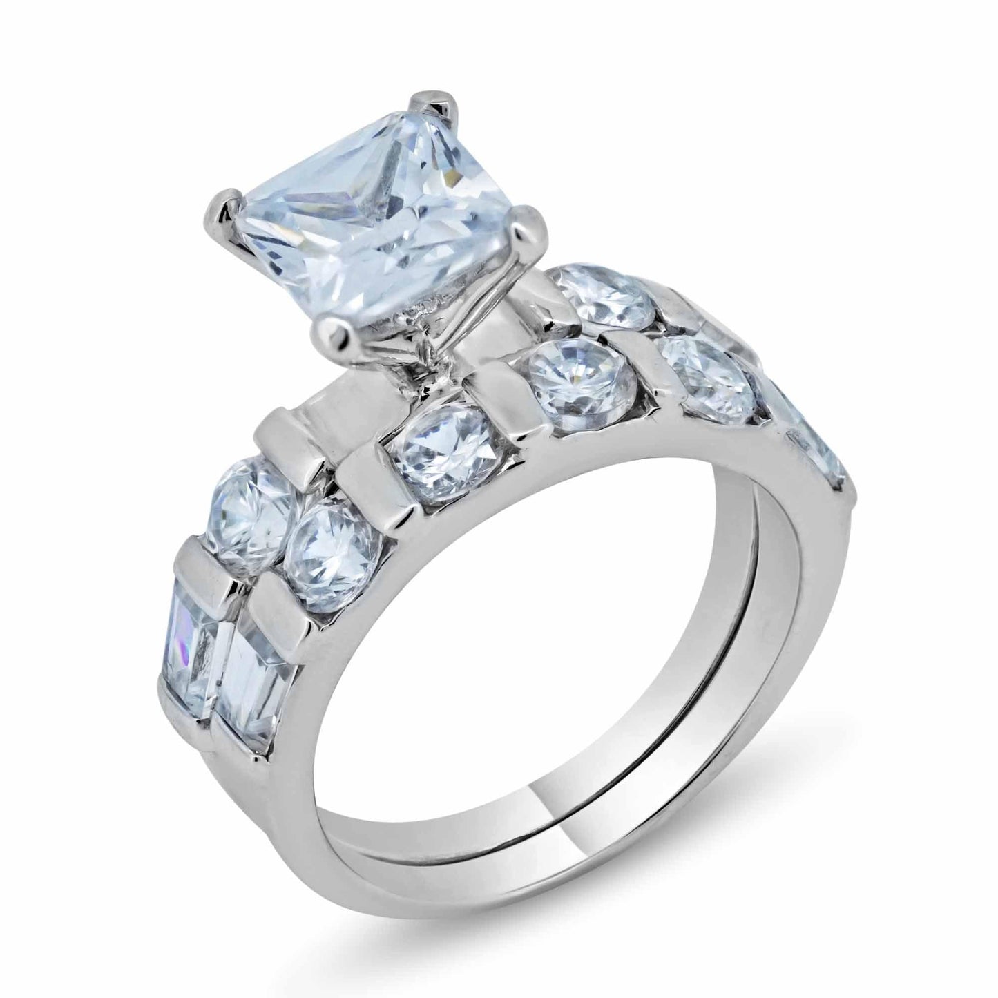 Rhodium Plated Polished Sterling Silver 925 Clear CZ Square Ring Band Sizes 5-9