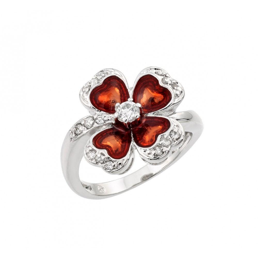 Sterling Silver 925 Rhodium Plated Clear & Red CZ Heart Clover Ring Sizes 5-9