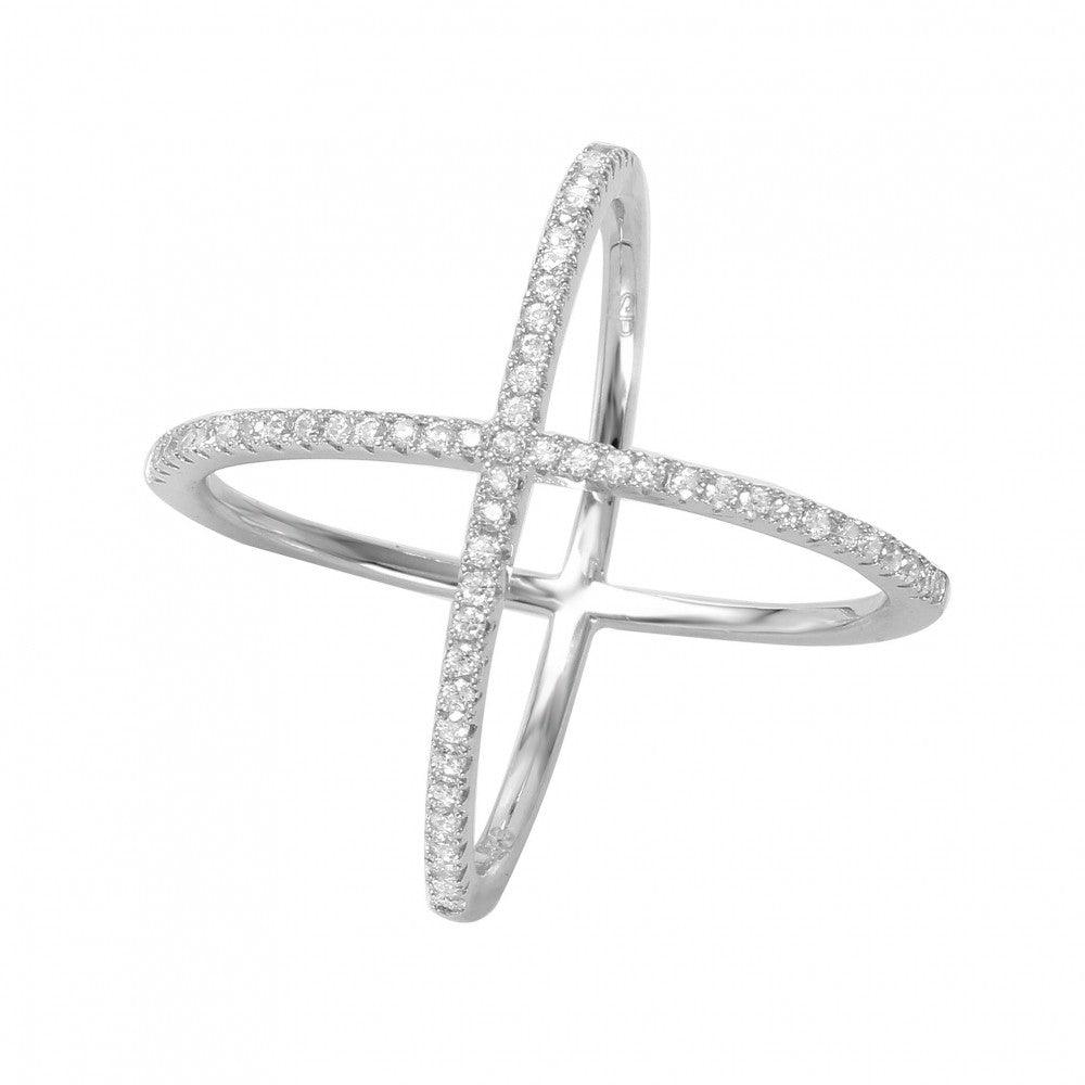 Rhodium Plated Sterling Silver 925 4 Way Clear CZ Criss Cross Ring Sizes 5-9