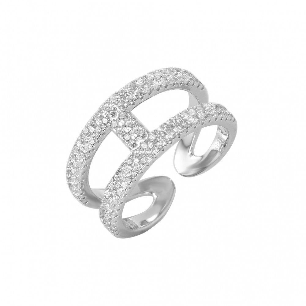 Rhodium Plated Sterling Silver 925 Open H-Shaped Clear CZ Ring Band Sizes 6-9