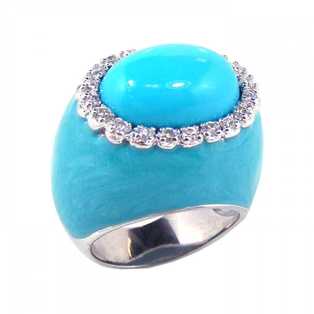 Sterling Silver 925 Blue Enamel Clear CZ Simulated Turquoise Dome Ring Sizes 5-9