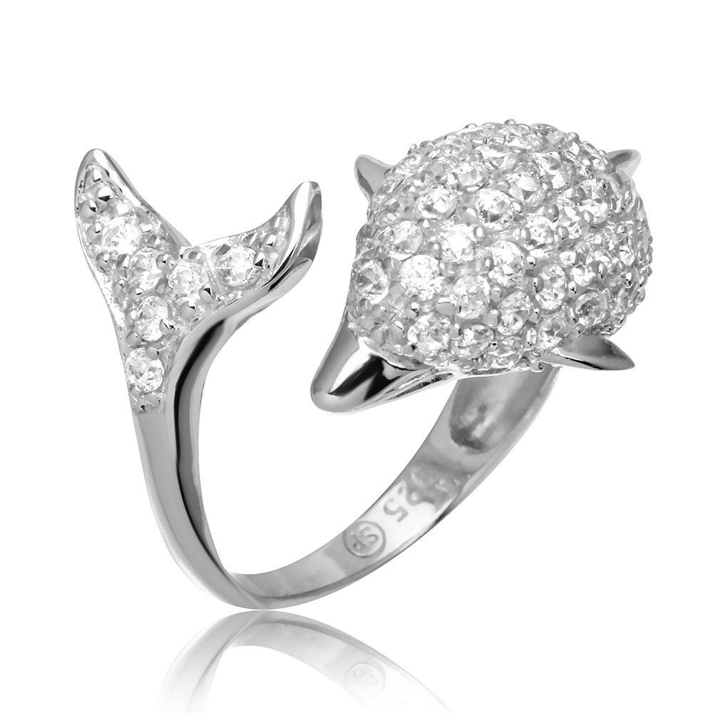 Sterling Silver 925 Rhodium Plated Dolphin Encrusted Clear CZ Ring Sizes 5-9