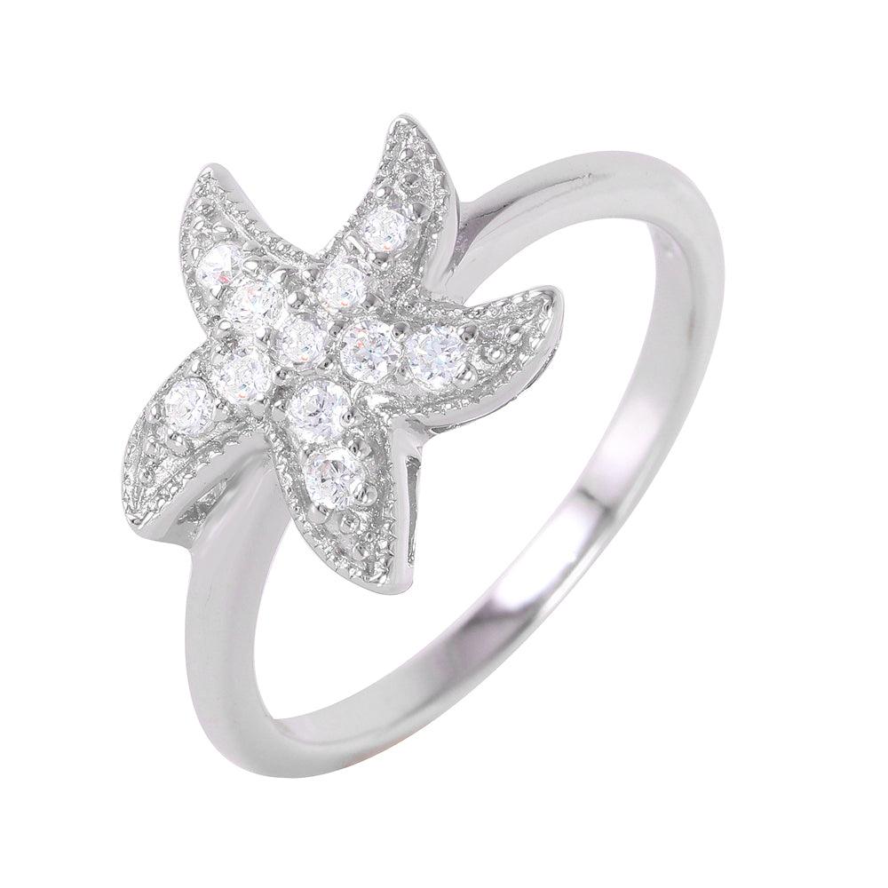 Rhodium Plated Sterling Silver 925 Clear Pave Set CZ Starfish Ring Sizes 5-9