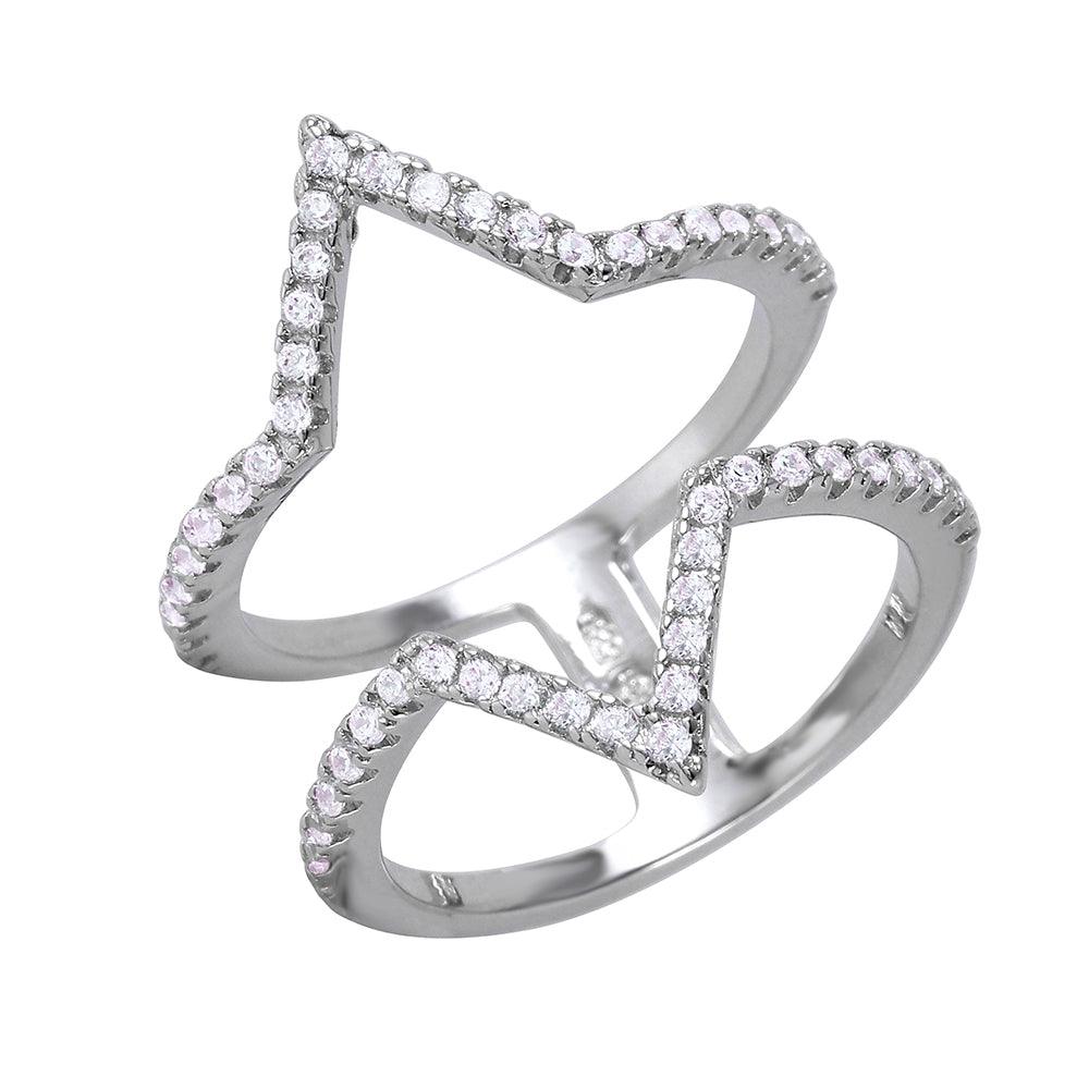 Rhodium Plated Sterling Silver 925 Double Tip Ring Clear CZ Band Sizes 5-9