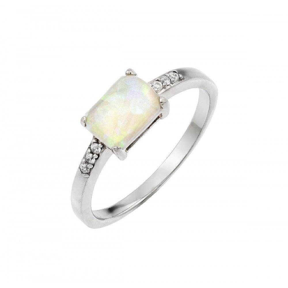 Sterling Silver 925 Rhodium Plated CZ Baguette Synthetic Opal Ring Sizes 5-9