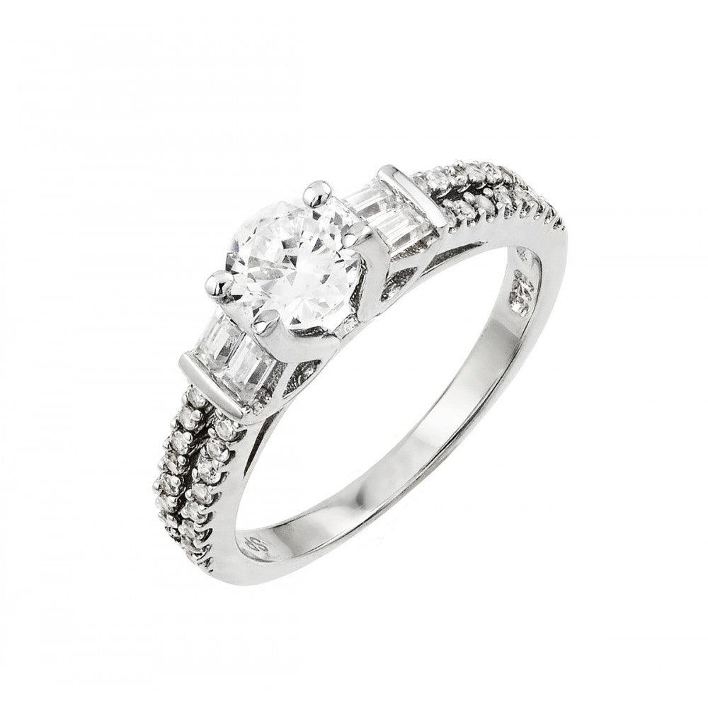 Sterling Silver 925 Rhodium Plated Clear Round and Baguette CZ Ring Sizes 5-9