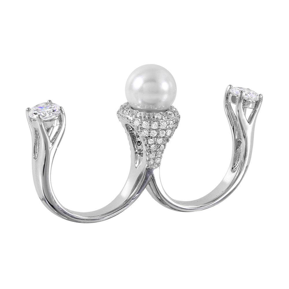 Rhodium Plated Sterling Silver 925 Simulated Pearl Two Finger Ring CZ Sizes 5-9
