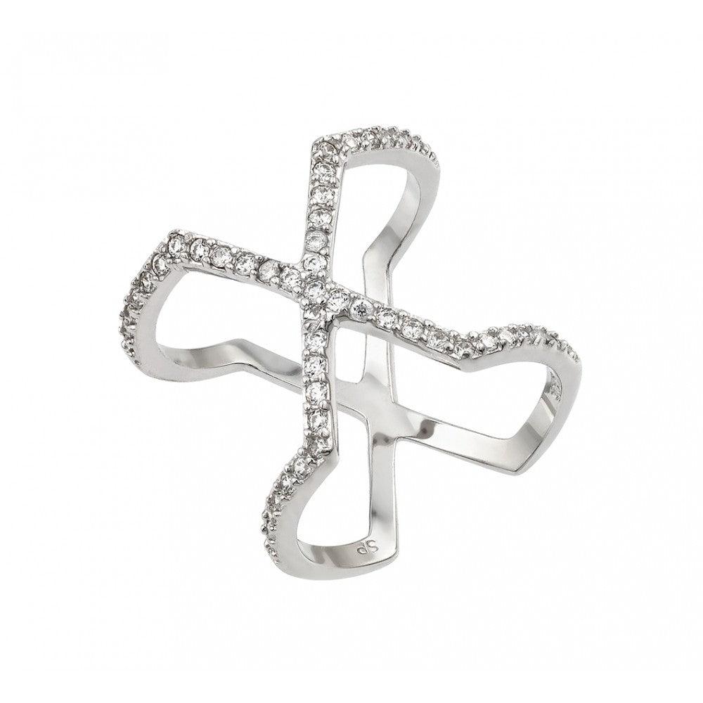 Polished Rhodium Plated Sterling Silver 925 Cross X Clear CZ Ring Band Sizes 5-9