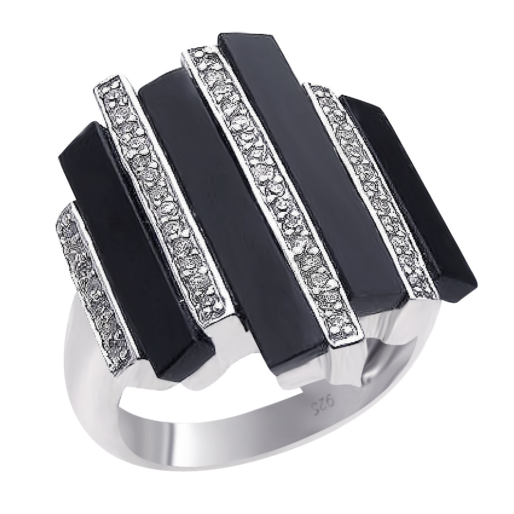 Sterling Silver 925 Rhodium Plated Multiple Onyx Clear CZ Bars Ring Sizes 5-9