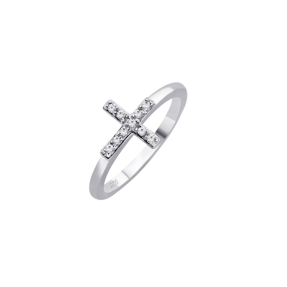 Rhodium Plated Sterling Silver 925 Clear CZ Mini Cross Ring Faith Band Sizes 5-9