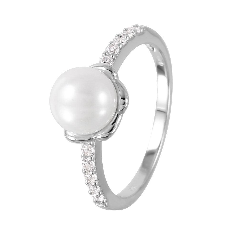Rhodium Plated Sterling Silver 925 Simulated Pearl CZ Accent Ring Band Sizes 5-9