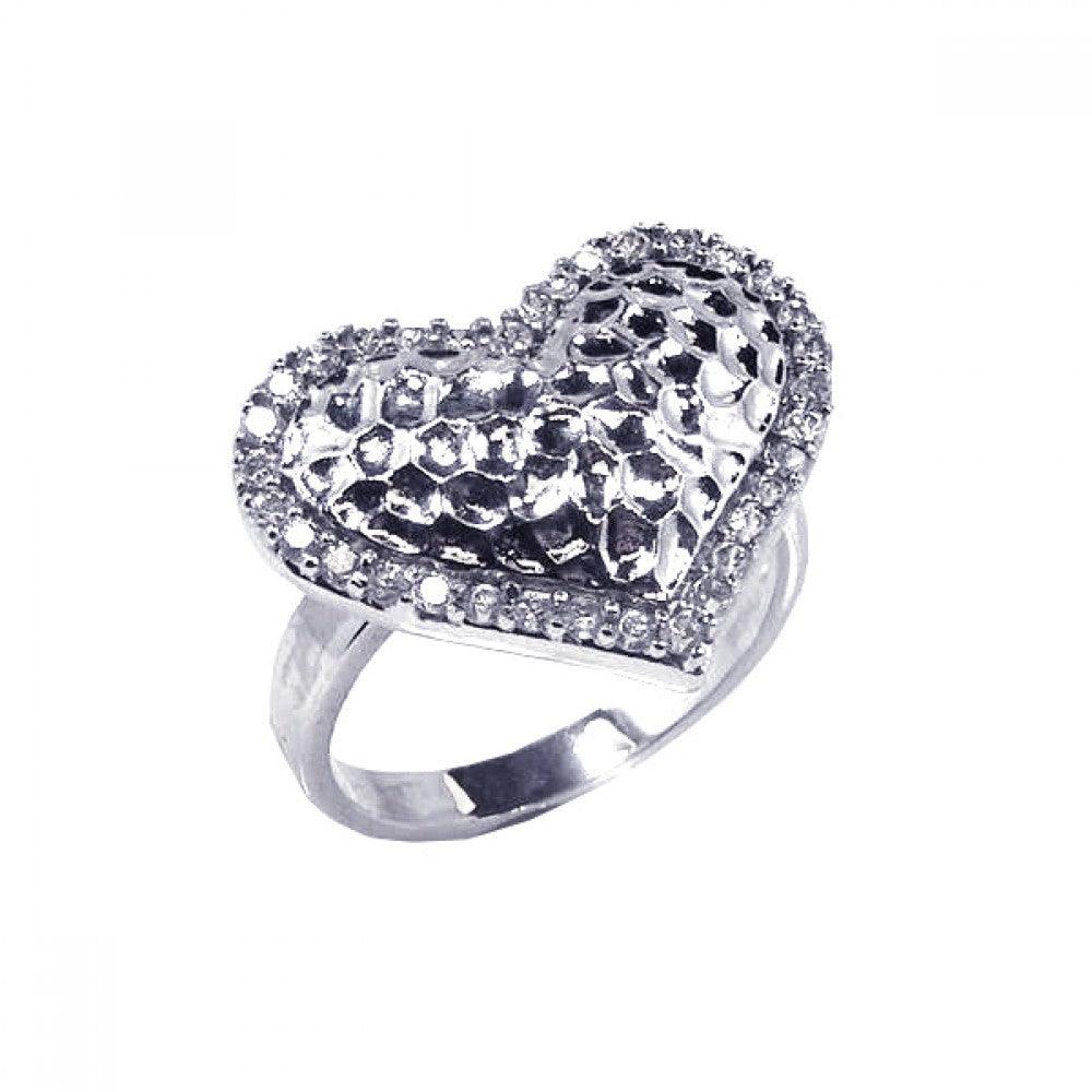 Rhodium Plated Sterling Silver 925 Clear CZ Textured Heart Ring Band Sizes 5-9