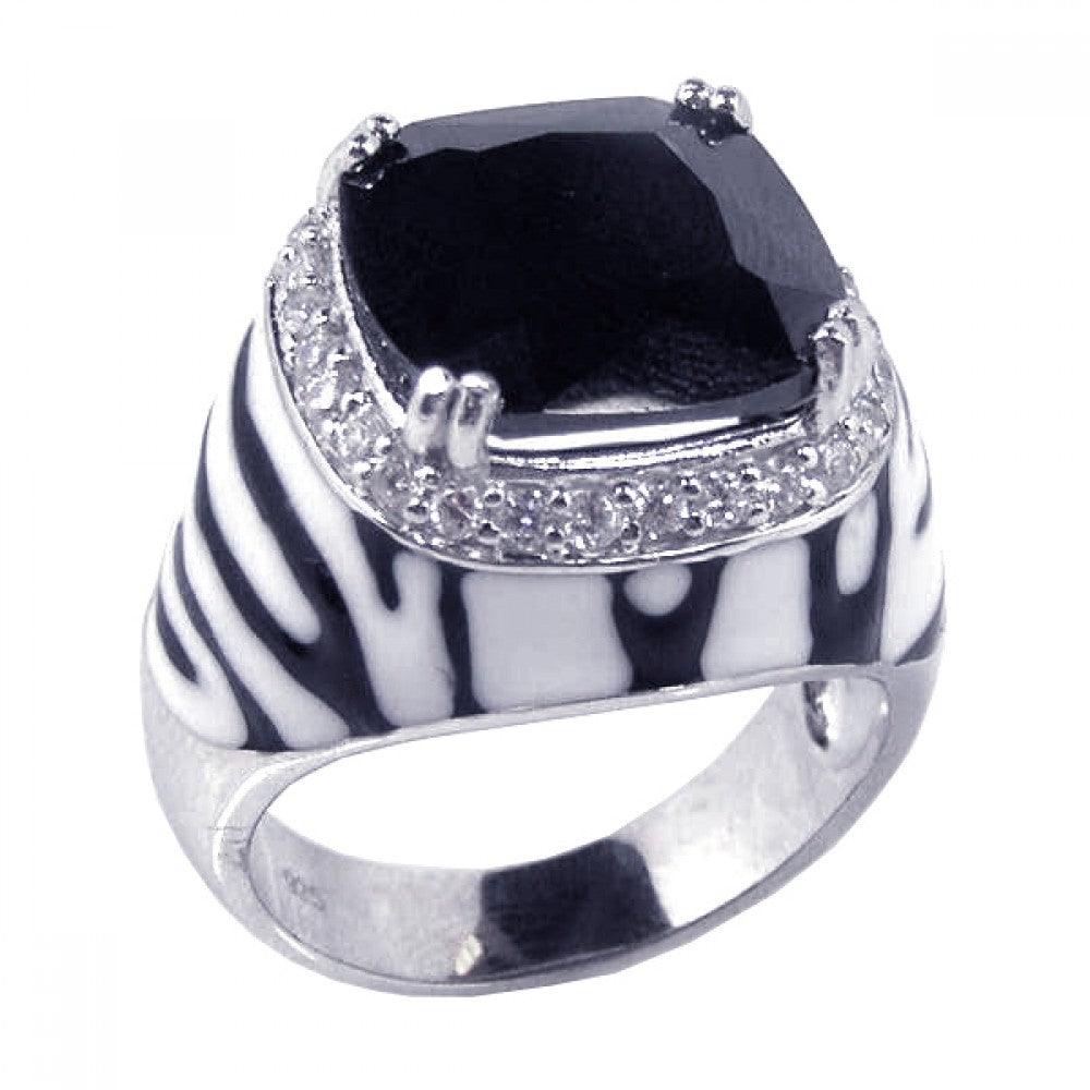 Rhodium Plated Sterling Silver 925 Enamel Clear CZ Zebra Dome Ring Sizes 5-9