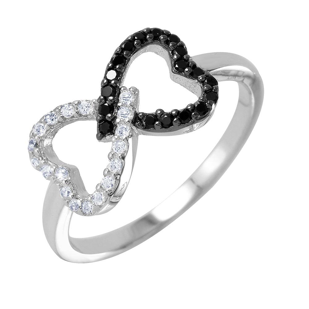 Black Rhodium Plated Sterling Silver 925 Twin Interlocking Hearts Ring Sizes 5-9