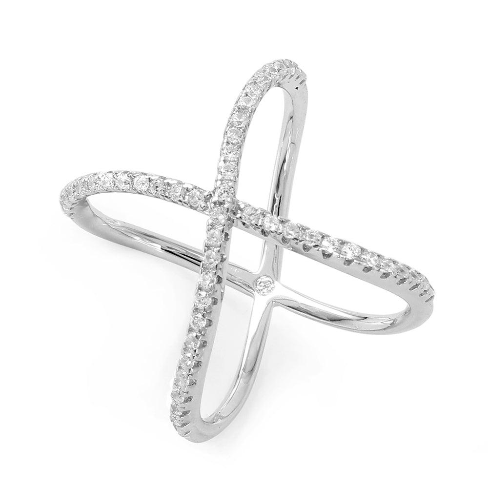 Rhodium Plated Sterling Silver 925 Wavy Criss Cross Ring Clear CZ Band Sizes 5-9