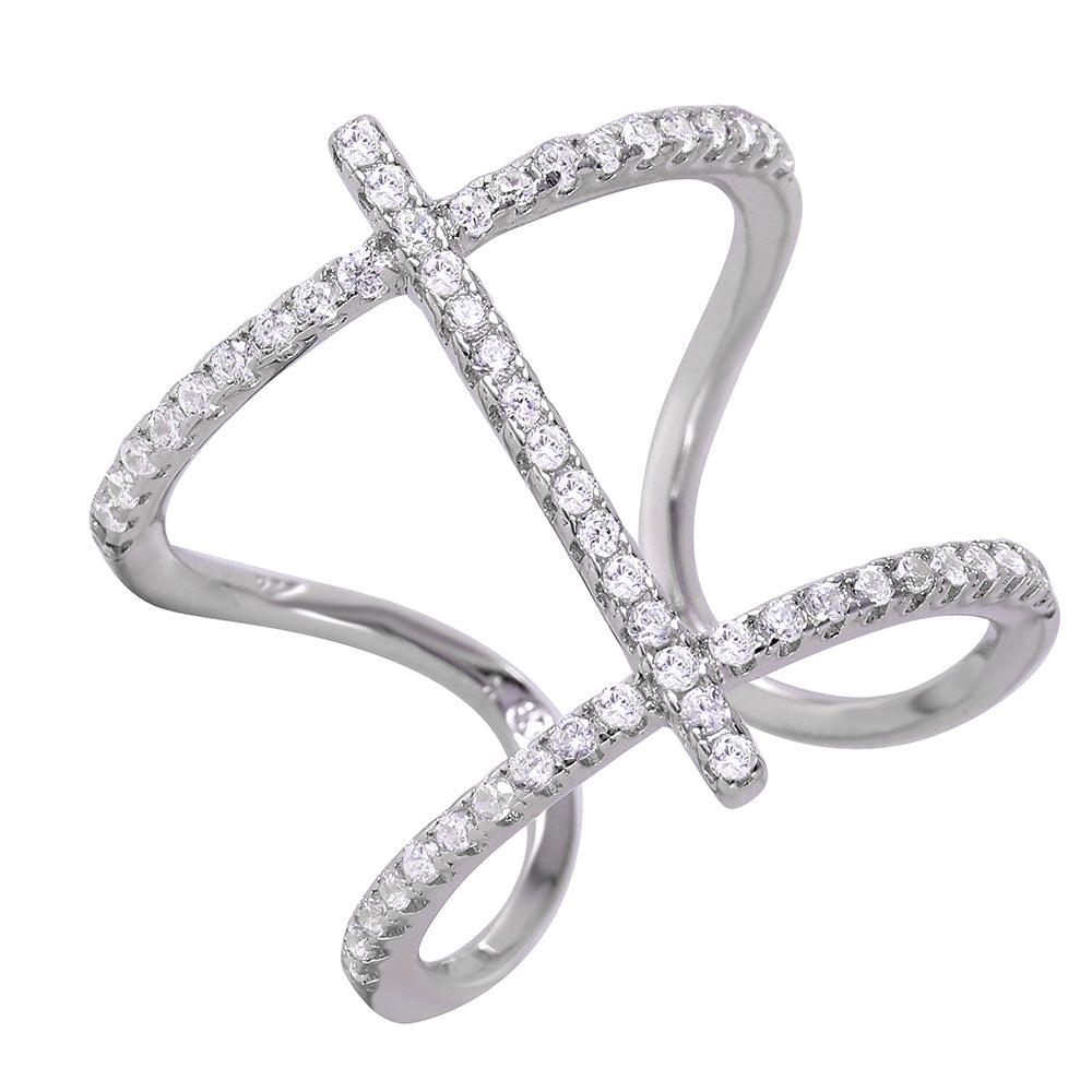 Rhodium Plated Sterling Silver 925 Freeform Abstract Clear CZ Ring Sizes 5-9