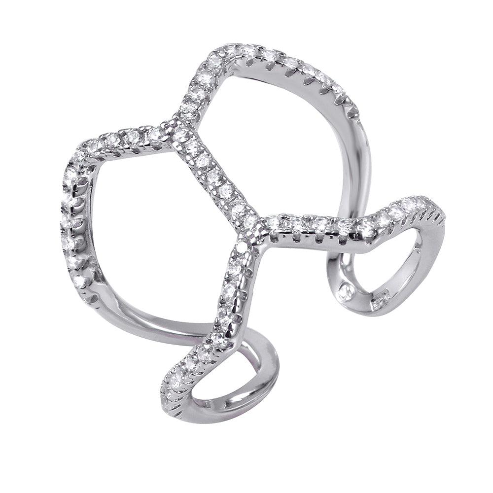 Rhodium Plated Sterling Silver 925 Abstract Freeform Clear CZ Ring Sizes 5-9