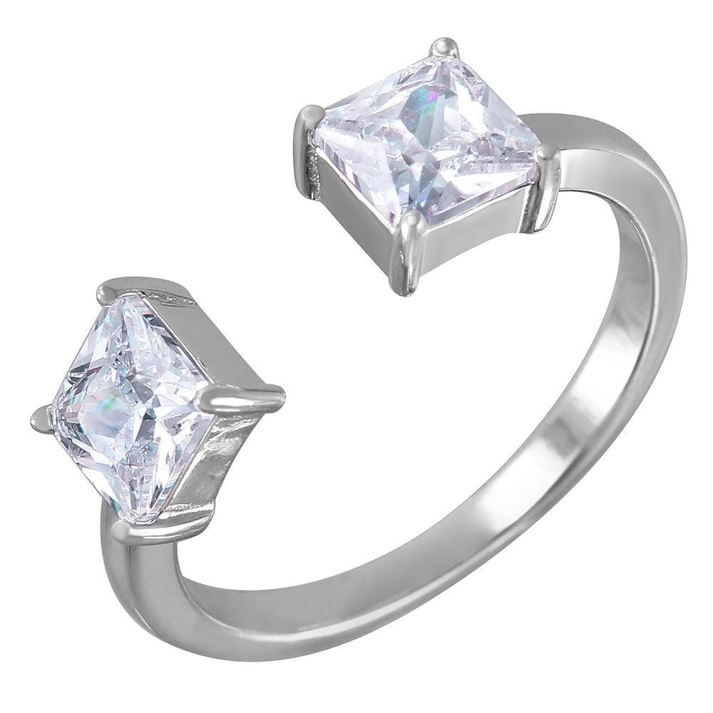 Rhodium Plated Sterling Silver 925 Square Adjustable CZ Ring Band Sizes 6-8