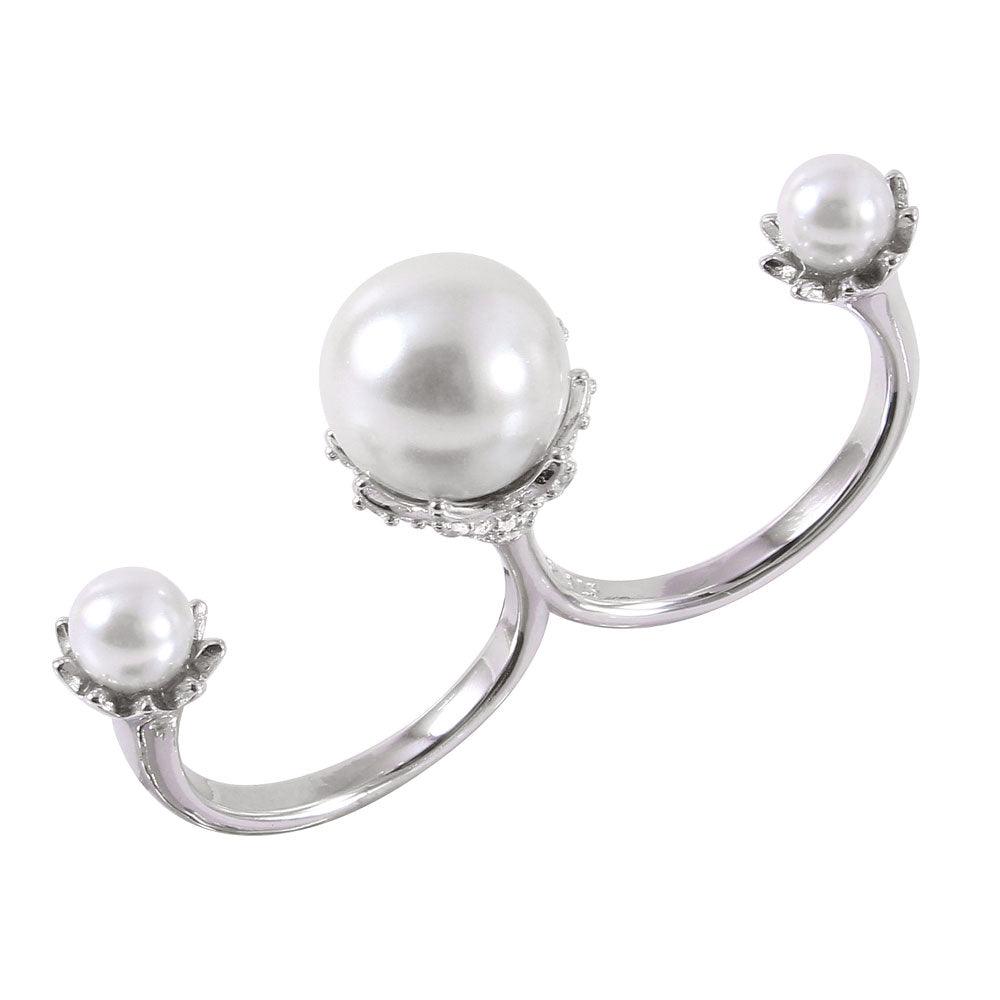 Rhodium Plated Sterling Silver Two Finger Cuff Ring Simulated Pearls Sizes 6-8