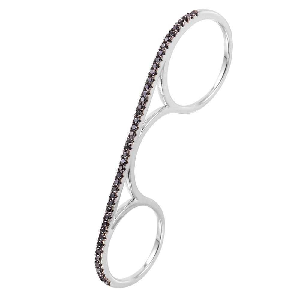 Rhodium Plated Sterling Silver 925 Two-Finger Cuff Black CZ Ring Band Sizes 8-8