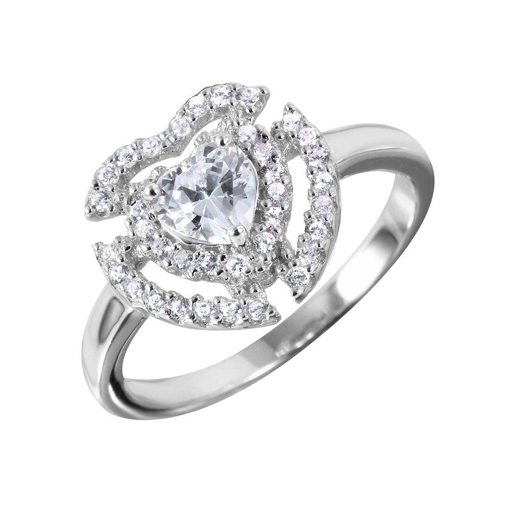 Rhodium Plated Sterling Silver 925 Heart Shaped Ring Clear CZ Band Sizes 5-9