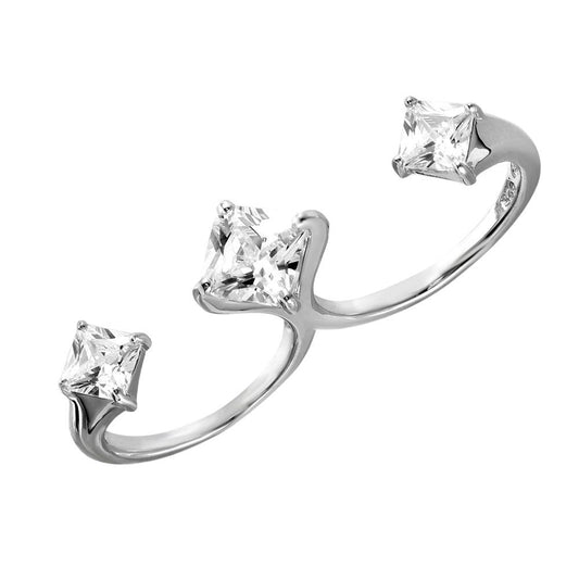 Rhodium Plated Sterling Silver 925 Two-Finger Cuff Ring Clear CZ Band Sizes 5-9